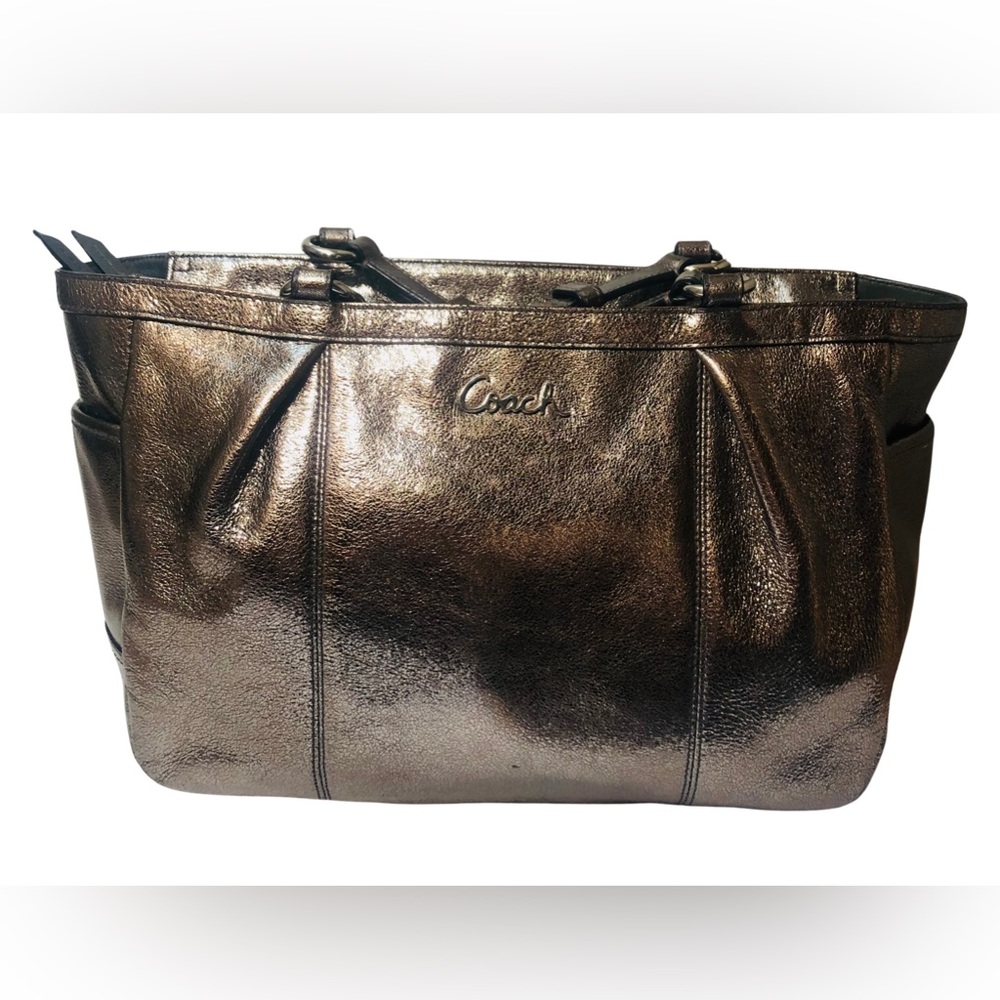 Authentic Coach Metallic Pewter Gallery Tote Handbag Shoulder Bag